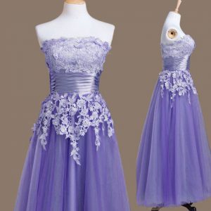 Wonderful Lavender Strapless Lace Up Appliques Quinceanera Court of Honor Dress Sleeveless