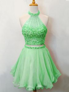 Top Selling Green Two Pieces Organza Halter Top Sleeveless Beading Knee Length Lace Up Damas Dress