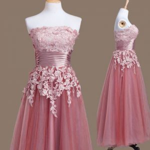Pink Empire Strapless Sleeveless Tulle Tea Length Lace Up Appliques Quinceanera Court of Honor Dress