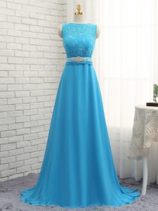 Baby Blue Damas Dress Prom and Party and Wedding Party with Beading and Lace Asymmetric Sleeveless Brush Train Zipper