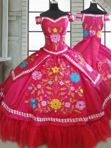 Glamorous Hot Pink Sweetheart Neckline Beading and Embroidery Quince Ball Gowns Short Sleeves Lace Up