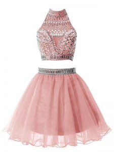 Modest Knee Length Zipper Quinceanera Dama Dress Pink for Party and Wedding Party with Beading