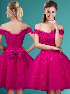 Fitting Fuchsia Tulle Lace Up Off The Shoulder Cap Sleeves Knee Length Vestidos de Damas Lace and Belt