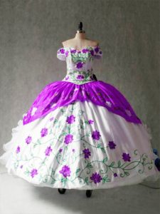 Shining White And Purple Ball Gowns Embroidery and Ruffles Vestidos de Quinceanera Lace Up Organza and Taffeta Cap Sleeves Floor Length