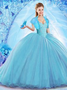 Free and Easy Baby Blue Ball Gowns Off The Shoulder Sleeveless Organza Sweep Train Lace Up Beading Quinceanera Gowns