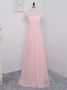 Traditional Floor Length Zipper Quinceanera Dama Dress Baby Pink for Prom and Party and Wedding Party with Lace