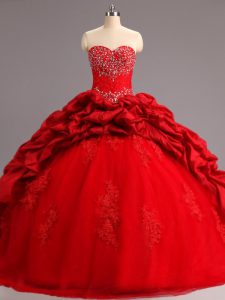 Romantic Lace Up Quince Ball Gowns Red for Military Ball and Sweet 16 and Quinceanera with Beading and Appliques and Pick Ups Court Train