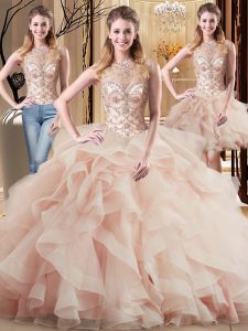 Peach Tulle Lace Up Quinceanera Dress Sleeveless Brush Train Beading and Ruffles
