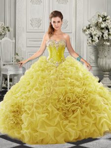 Yellow Lace Up Quinceanera Dresses Beading and Ruffles Sleeveless Court Train