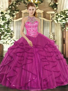 Excellent Ball Gowns Sweet 16 Dress Fuchsia Halter Top Tulle Sleeveless Floor Length Lace Up