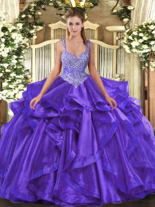 Beauteous Straps Sleeveless Lace Up Quince Ball Gowns Purple Organza