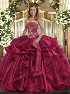 Comfortable Ball Gowns Quinceanera Gowns Red Strapless Organza Sleeveless Floor Length Lace Up