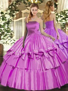 Vintage Floor Length Lace Up Sweet 16 Dresses Lilac for Military Ball and Sweet 16 and Quinceanera with Ruffled Layers