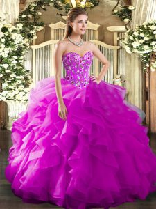 Romantic Fuchsia Sweet 16 Dresses Military Ball and Sweet 16 and Quinceanera with Embroidery and Ruffles Sweetheart Sleeveless Lace Up