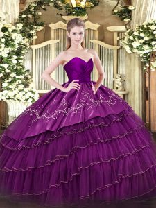 Eggplant Purple Ball Gowns Sweetheart Sleeveless Organza and Taffeta Floor Length Zipper Embroidery and Ruffled Layers 15 Quinceanera Dress