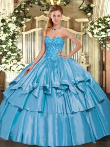 On Sale Baby Blue Lace Up Sweetheart Beading and Ruffled Layers Quince Ball Gowns Organza and Taffeta Sleeveless