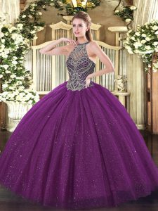 Deluxe Halter Top Sleeveless Tulle Quinceanera Gowns Beading Lace Up