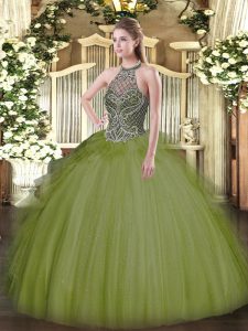 Spectacular Olive Green Tulle Lace Up Quinceanera Gown Sleeveless Floor Length Beading