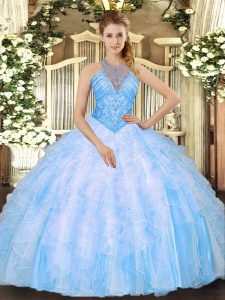 High Class Baby Blue High-neck Neckline Beading and Ruffles Quinceanera Gowns Sleeveless Lace Up