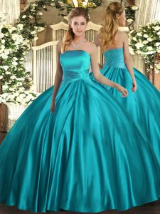 Superior Teal Satin Lace Up Strapless Sleeveless Floor Length Quinceanera Dress Ruching