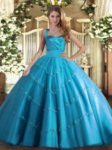 Gorgeous Baby Blue Ball Gowns Halter Top Sleeveless Tulle Floor Length Lace Up Appliques Quinceanera Dress
