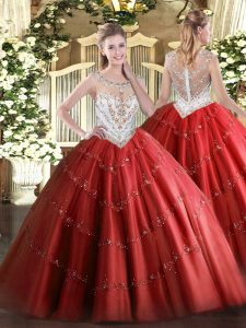 Sleeveless Floor Length Beading and Appliques Zipper Quince Ball Gowns with Red