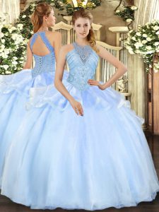 Ball Gowns Vestidos de Quinceanera Light Blue Halter Top Organza Sleeveless Floor Length Lace Up