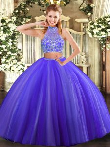 On Sale Purple Two Pieces Halter Top Sleeveless Tulle Floor Length Criss Cross Beading 15th Birthday Dress