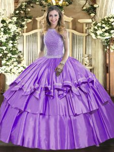 Clearance Sleeveless Organza and Taffeta Floor Length Lace Up Quinceanera Dress in Lavender with Beading and Ruffled Layers