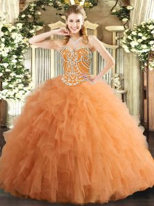 Flirting Orange Lace Up Sweetheart Beading and Ruffles 15th Birthday Dress Tulle Sleeveless