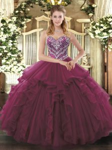Exquisite Burgundy Lace Up Sweetheart Beading and Ruffles Sweet 16 Dresses Tulle Sleeveless