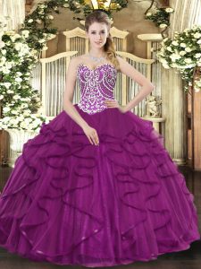 Romantic Floor Length Ball Gowns Sleeveless Fuchsia 15th Birthday Dress Lace Up