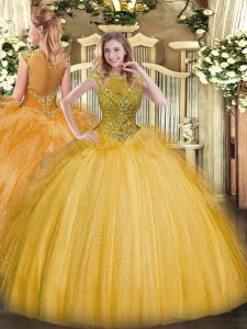 Fine Floor Length Zipper Vestidos de Quinceanera Gold for Sweet 16 and Quinceanera with Beading and Ruffles