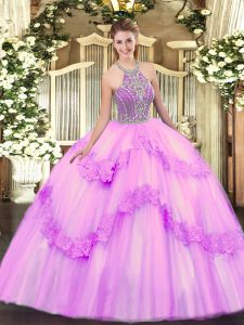 Artistic Lilac Ball Gowns Tulle Halter Top Sleeveless Beading and Appliques Floor Length Lace Up Quince Ball Gowns