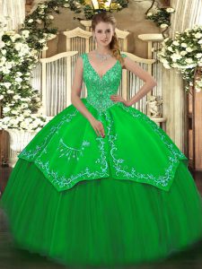 Ball Gowns Quinceanera Dresses Green V-neck Taffeta and Tulle Sleeveless Floor Length Zipper