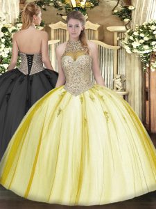 Low Price Beading and Appliques Sweet 16 Dresses Yellow Lace Up Sleeveless Floor Length