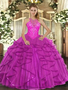 Exquisite High-neck Sleeveless Organza Quinceanera Gown Beading and Ruffles Lace Up