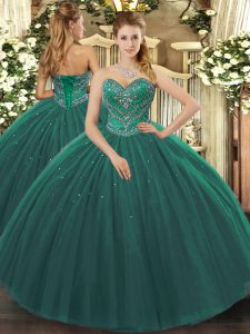 Amazing Dark Green 15 Quinceanera Dress Military Ball and Sweet 16 and Quinceanera with Beading Sweetheart Sleeveless Lace Up