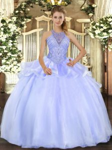 Cheap Blue Ball Gown Prom Dress Military Ball and Sweet 16 and Quinceanera with Beading Halter Top Sleeveless Lace Up