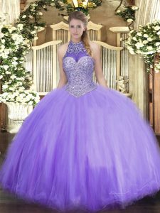 Floor Length Lavender Quinceanera Dress Halter Top Sleeveless Lace Up