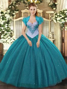 Enchanting Teal Sleeveless Tulle Lace Up Sweet 16 Quinceanera Dress for Military Ball and Sweet 16 and Quinceanera