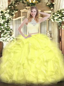 Scoop Sleeveless Sweet 16 Dress Floor Length Lace and Ruffles Yellow Organza