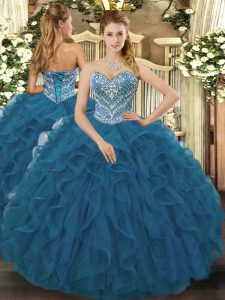 Teal Ball Gowns Beading and Ruffled Layers Ball Gown Prom Dress Lace Up Tulle Sleeveless Floor Length