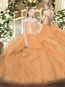 Orange Lace Up Off The Shoulder Beading and Ruffles Vestidos de Quinceanera Tulle Sleeveless