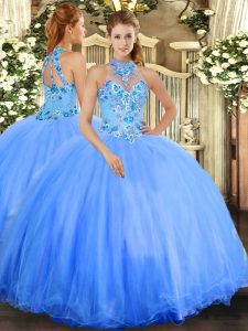 Noble Blue Tulle Lace Up Halter Top Sleeveless Floor Length Ball Gown Prom Dress Embroidery