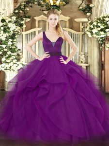 Glamorous Beading and Ruffles Sweet 16 Quinceanera Dress Purple Zipper Sleeveless Floor Length