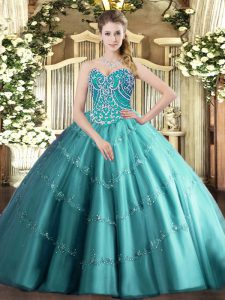 Sweet Beading and Appliques Quinceanera Gowns Teal Lace Up Sleeveless Floor Length