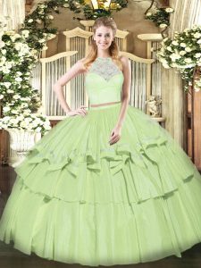 Olive Green Sweet 16 Quinceanera Dress Military Ball and Sweet 16 and Quinceanera with Lace and Ruffled Layers Scoop Sleeveless Zipper