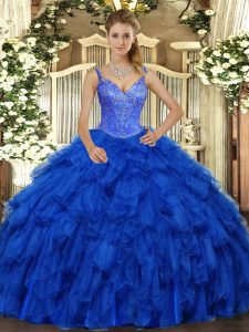 Sleeveless Floor Length Beading and Ruffles Lace Up Quinceanera Dresses with Royal Blue
