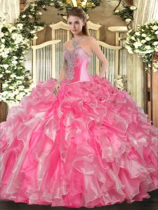 Rose Pink Organza Lace Up Ball Gown Prom Dress Sleeveless Floor Length Beading and Ruffles